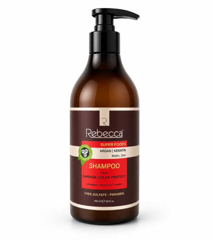 Rebecca Super Foods Damage & Color Protect Shampoo with Argan, Keratin, Biotin & Zinc – 500 ml