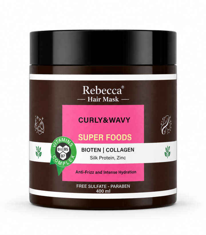 Rebecca Super Foods Curly & Wavy Hair Mask with Biotin, Collagen, Silk Protein & Zinc – 400 ml