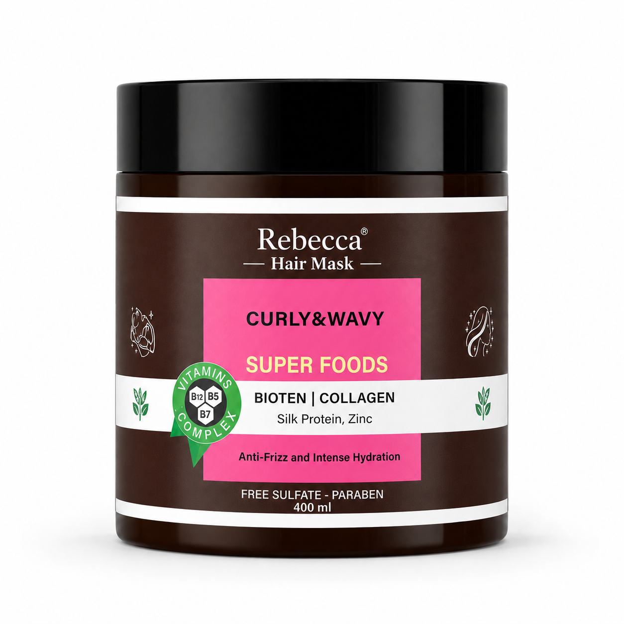 Rebecca Super Foods Curly & Wavy Hair Mask with Biotin, Collagen, Silk Protein & Zinc – 400 ml